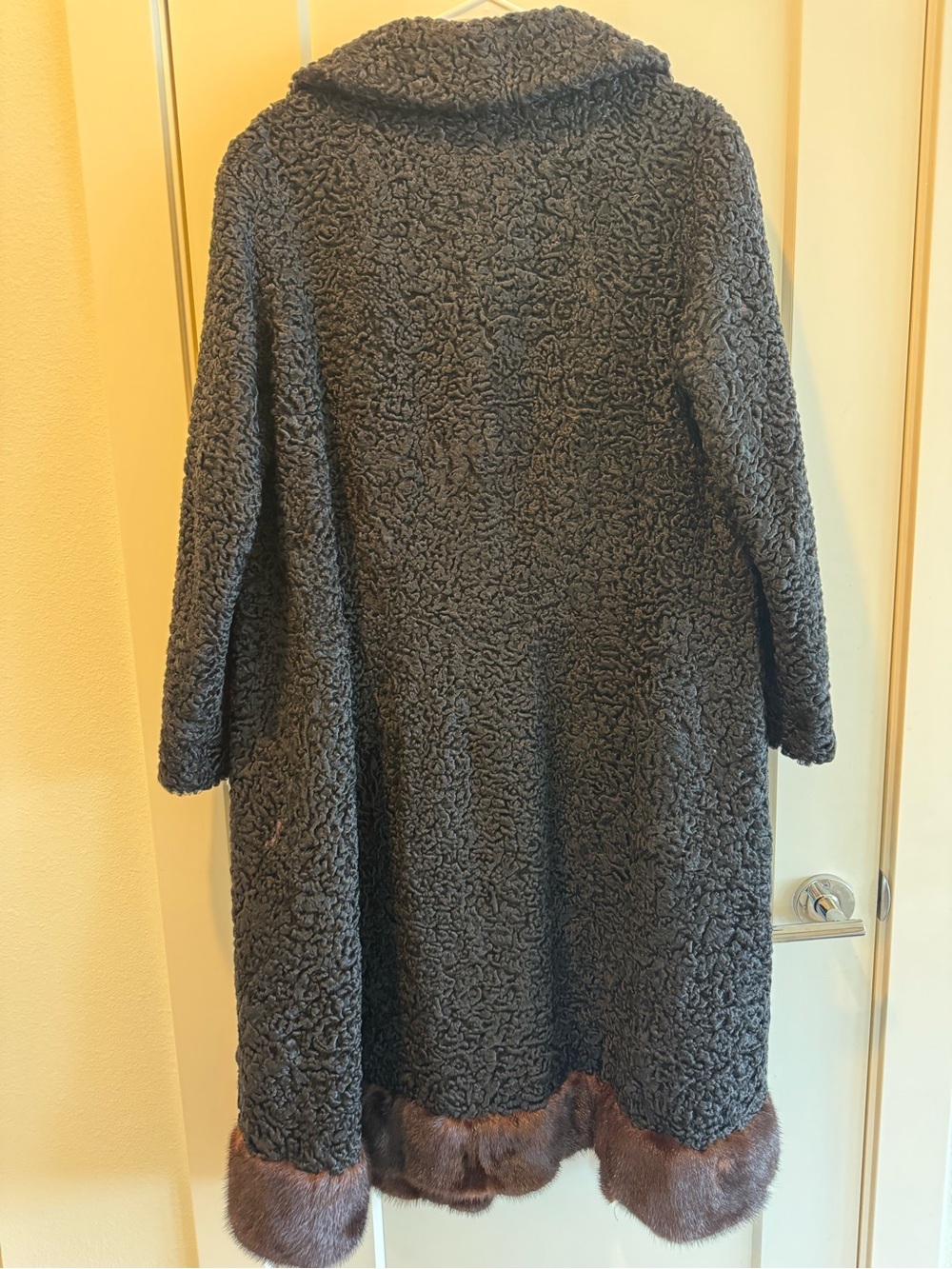 Black Faux Shearling Coat with Brown Fur Trim - Picture 3 of 9
